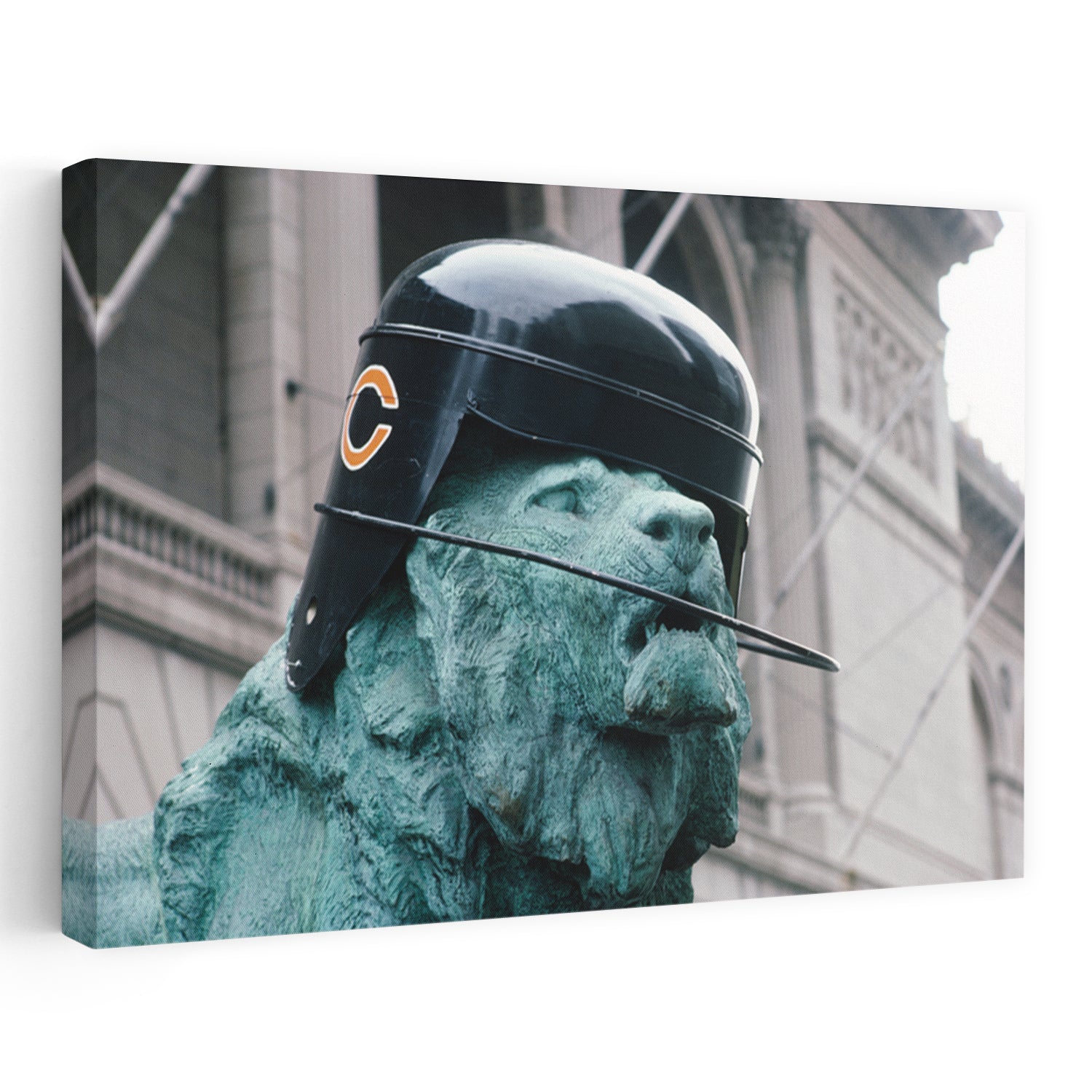 Chicago Lion Sculpture Wearing A Helmet